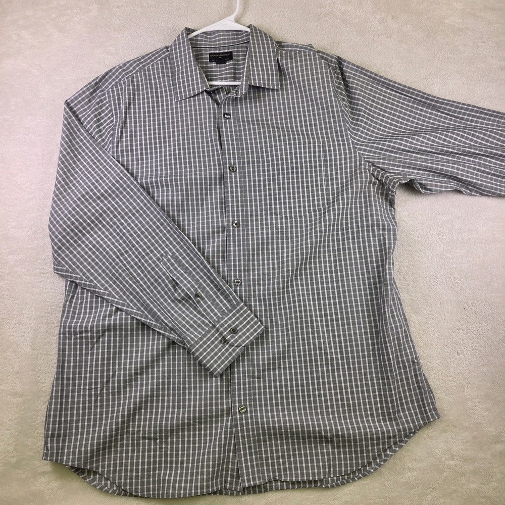 Banana Republic Mens XXL Slim Fit Non Iron Plaid Button Down Shirt Grey White